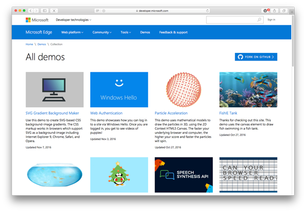 MS Edge Demos, site de démos web de Microsoft.